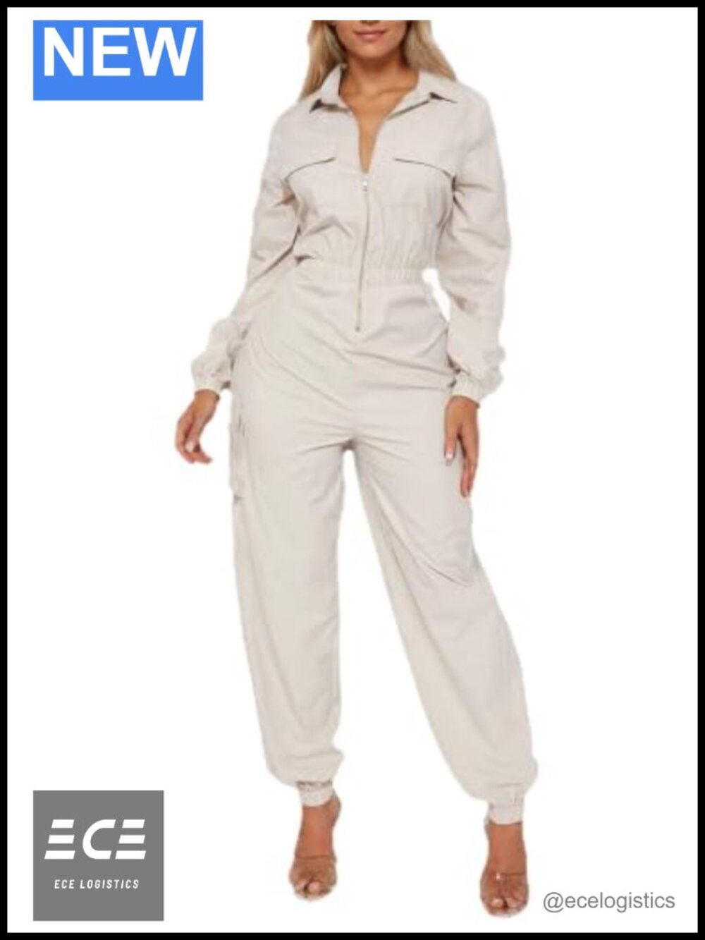 Women's Utility Jumpsuit Zip Front Lapel Collar Cargo Pockets Long Sleeve
